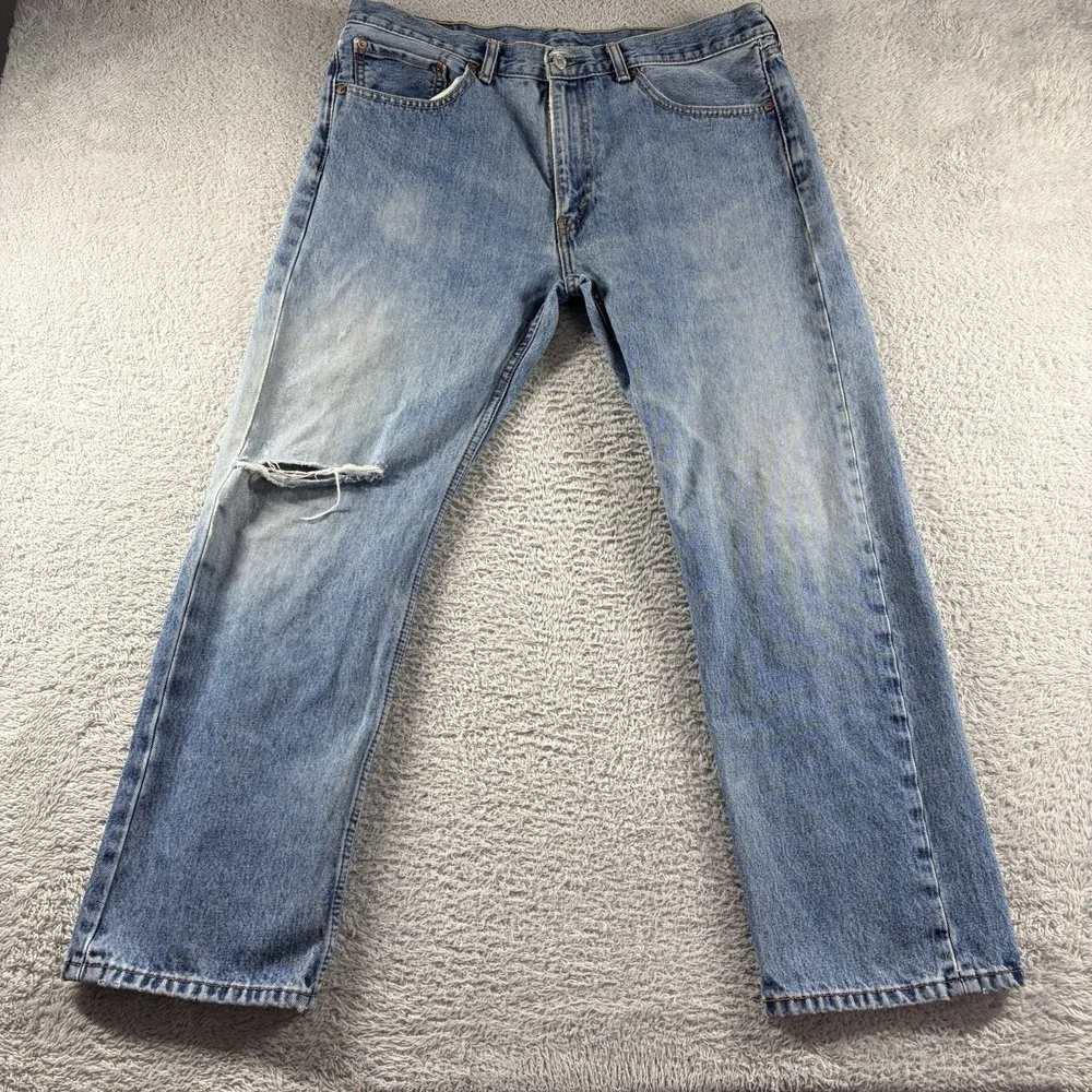 Levi 505 Jeans Mens 36x29 (Fits 36x28) Light Wash Faded Distress Leg Rip
